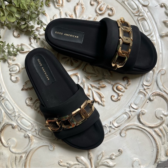Good American Black and Gold Chain Slide Sandals - Picture 2 of 10